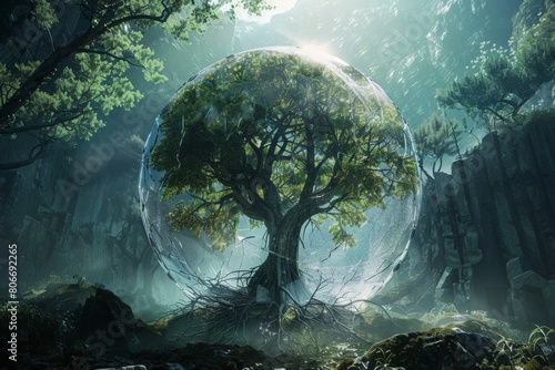 A gigantic tree of life, the whole is made of transparent material, all parts and internal structure are clearly visible, the background is an ancient and mystical forest  photo