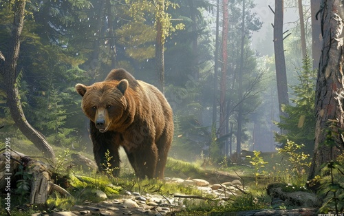 Brown Bear Roaming Through Forested Area, Generative ai.