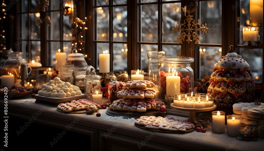 Christmas and New Year table decoration with candles, gingerbread cookies and candlesticks