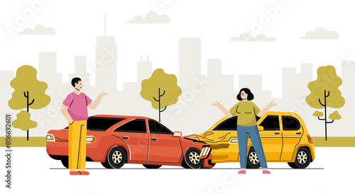 Car accident on road concept, collision vehicles. Accident car on road, vehicle automobile crash, vector insurance transport illustration