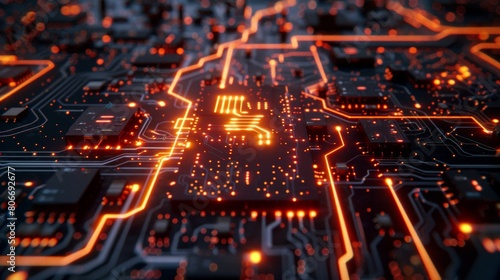 A close-up view of a glowing circuit board with intricate pathways of electricity pulsating with light.