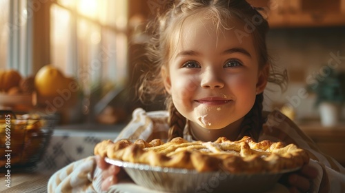 A young girl is seated at a table with a delicious pie in front of her. The aroma of freshly baked goods fills the room, enticing her to take a bite and share the tasty treat with others AIG50