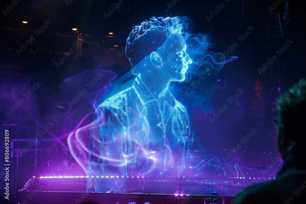 Obraz premium Live concerts where holographic technology brings deceased legends back to the stage, creating a nostalgic yet futuristic experience