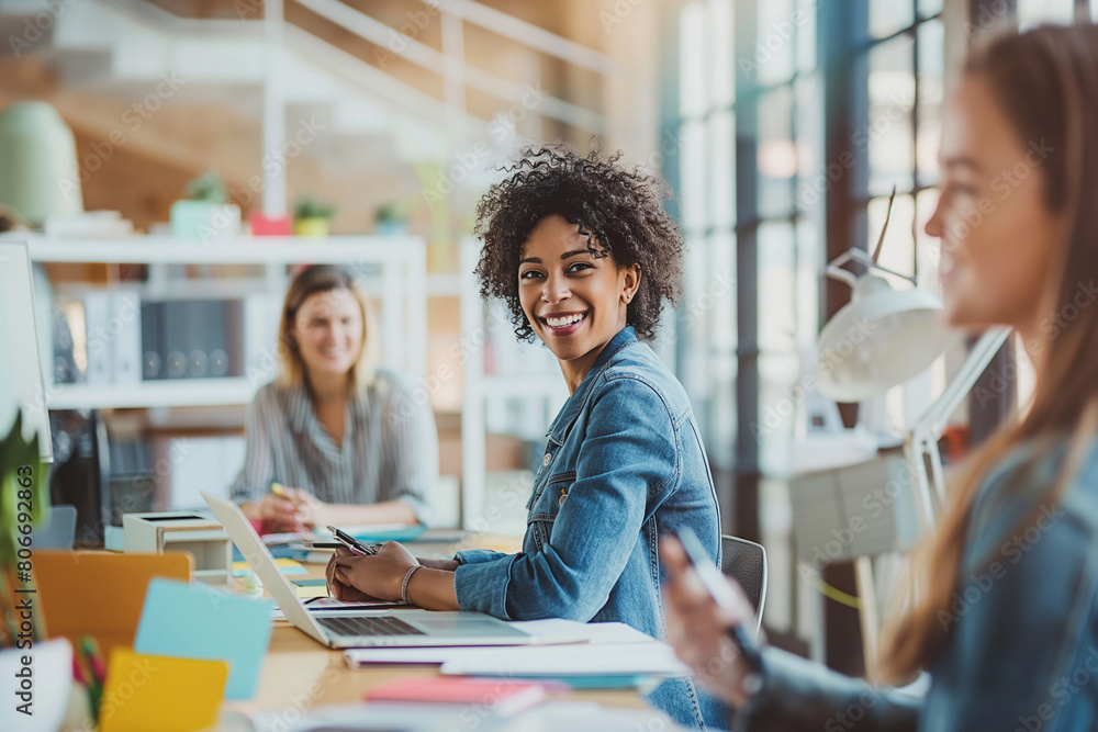 A diverse group of women working together in an office, smiling and having casual conversation over work desks A diverse group of women working together in an office, smiling and having casual conversation over work desks