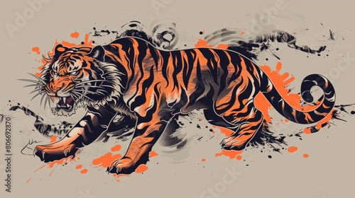 Intricate depiction of a Japanese tiger tattoo  curling along the torso  symbolizing courage and strength  with bold black and orange colors  isolated background