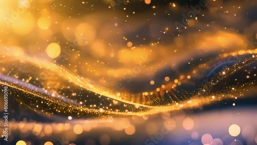 golden colored glowing glow bokeh out of focus blurred particles and lights and waves. Abstract glamour high tech technology background photo