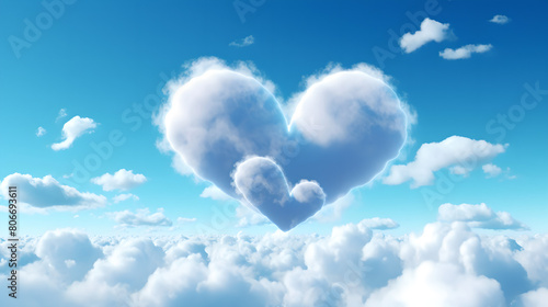 Heart shaped white clouds on blue sky , symbol love , romantic concept , banner background
