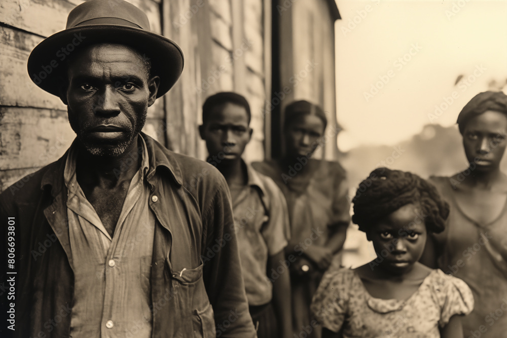 vintage black and white photo of old Caribbean citizens with young girl in the front