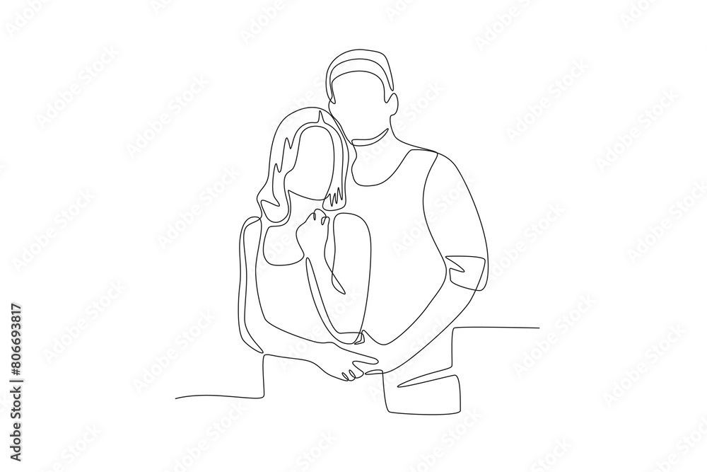 A man hugging a woman from behind. Dia dos namorados concept one-line drawing A man hugging a woman from behind. Dia dos namorados concept one-line drawing