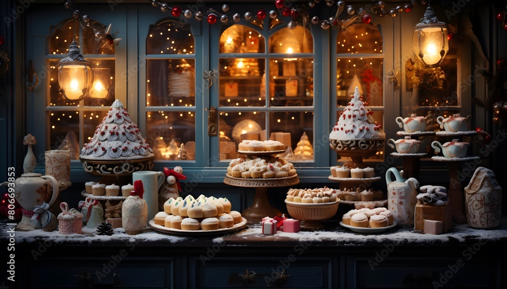 Christmas cookies and sweets on the counter in the shop window at night