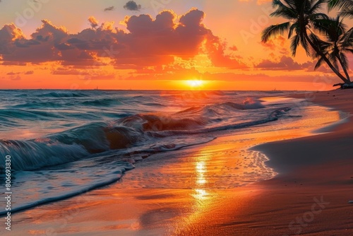 Sunrise over tropical beach with palm tree and ocean waves