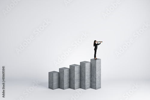 Young businesswoman with telescope standing on concrete growing business chart and looking into the distance on white background with mock up place. Financial growth  forecast and success concept.