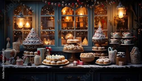 Christmas cookies and sweets on the counter in the shop window at night