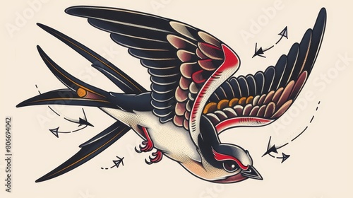 Iconic traditional tattoo art featuring a nautical swallow, rendered with bold lines and solid color fills, displayed on a clean, isolated background photo