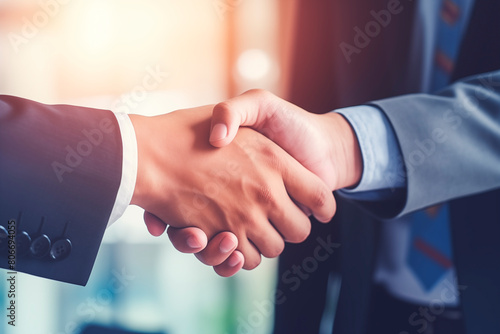 A close-up of a firm handshake between two business professionals, symbolizing trust and agreement in a corporate setting