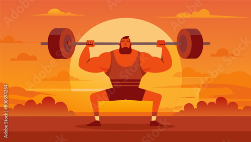 A weightlifter performing a difficult Olympic lift the sun setting behind them and casting a warm orange glow on their powerful physique.. Vector illustration