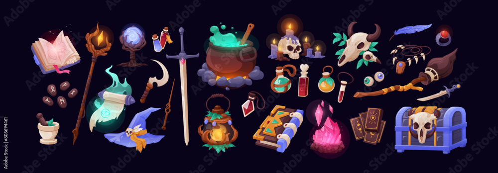 Fototapeta premium Magic Halloween game items set. Wizard cauldron, ancient spell book, skull bone, chest, witch hat. Alchemy potion, witchcraft crystals. Flat cartoon vector illustration isolated on white background