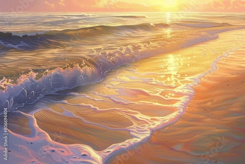 Pastel ocean waves on sandy shore at sunrise photo