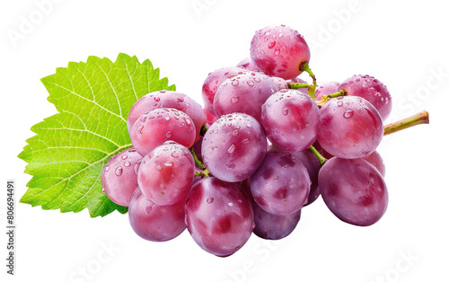 Fresh Grapes with a Leaf, Isolated White Background, A Single Leaf on a White Background