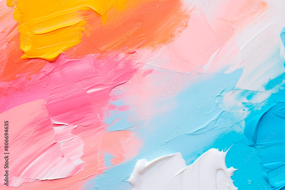 Vibrant abstract painting with bold strokes of pink, yellow, blue, and white, creating a dynamic and colorful texture.