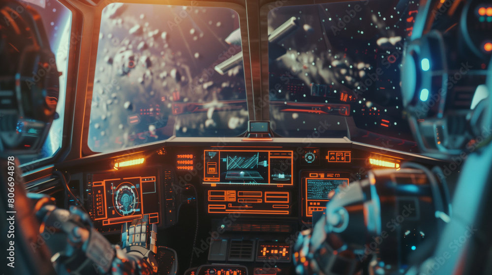copy space, stockphoto AI android robot flying a hightech rocket, view from inside the cockpit towards deep space. Artificial intelligence robot exploring space, descovering new worlds. Future space t