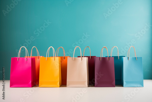 A row of colorful shopping bags arranged in front of a teal background, symbolizing consumerism and retail variety. photo