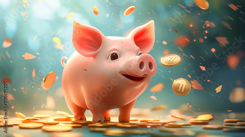 Piggy bank with falling coins. Savings, investment, Winning lucky pig concept illustration
