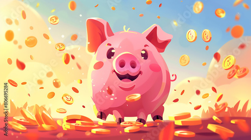 Piggy bank with falling coins. Savings, investment, Winning lucky pig concept illustration