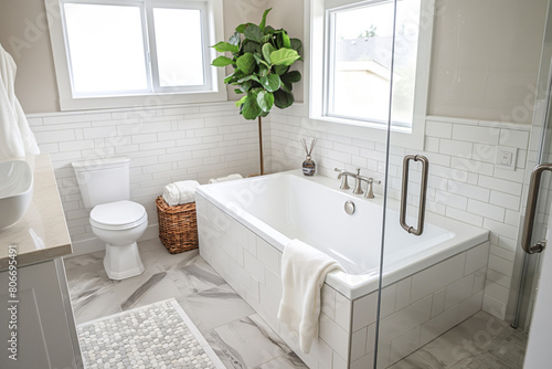 Photo of a renovated  light-filled bathroom featuring sleek tiles  a bathtub  and greenery