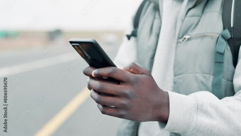 Man, road trip and phone map with hands and travel for vacation and holiday outdoor. Mobile, navigation and direction search on a street with bag and journey with backpack and app for adventure Man, road trip and phone map with hands and travel for vacation and holiday outdoor. Mobile, navigation and direction search on a street with bag and journey with backpack and app for adventure