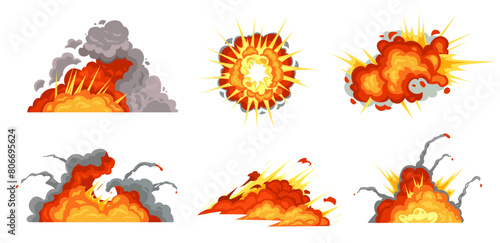 Cartoon explosions. Exploding bomb, fire cloud and explosion burst. Vector of boom comic, burst and blast effect, flash bang explode, energy power design illustration
