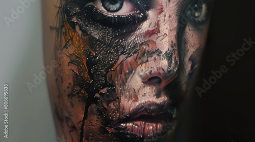 Hyper-realistic tattoo of a detailed portrait, capturing every facial feature with exquisite clarity, set against an isolated background photo