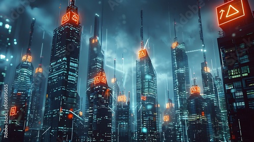 A digital city skyline with warning signs flashing atop skyscrapers, indicating cyber risks