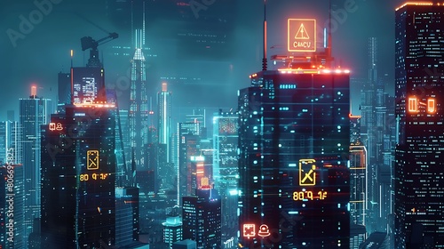A digital city skyline with warning signs flashing atop skyscrapers, indicating cyber risks