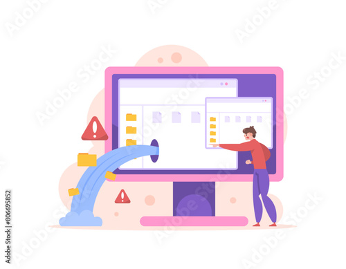 data leaks and data breaches. computer hacked. File folders or documents on the computer are taken by hackers. warning if information data on the computer has been leaked. concept illustration design