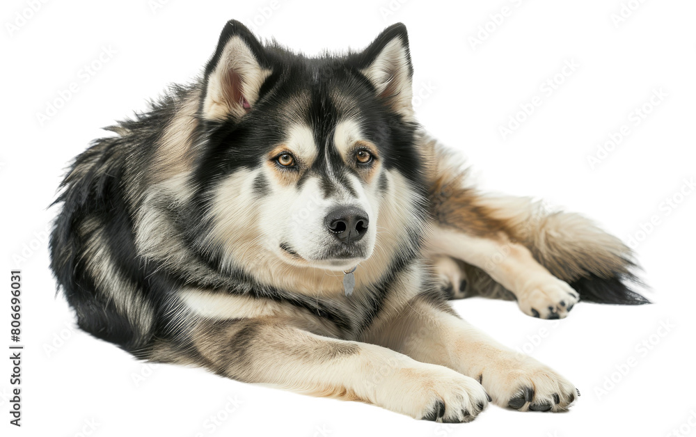 Intimate Portrait of Alaskan Malamute Against White Backdrop, Alaskan Malamute on Blank Canvas