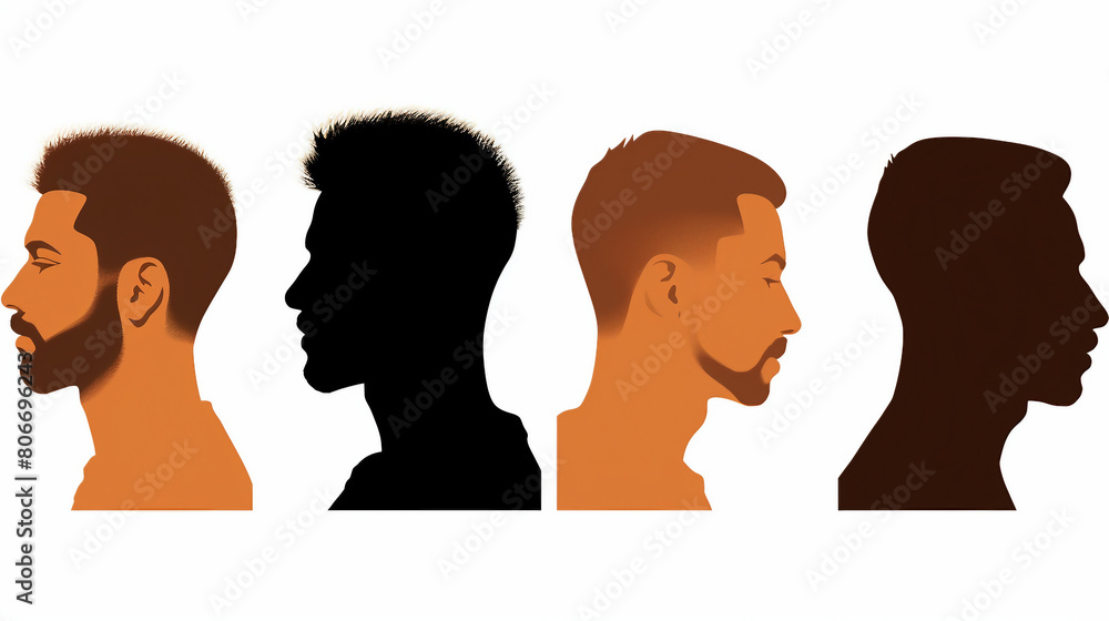 Stylish Vector Illustration of Male Faces Profile Silhouettes on Isolated Background, Showcasing Diverse Skin Colors in Modern Graphic Art