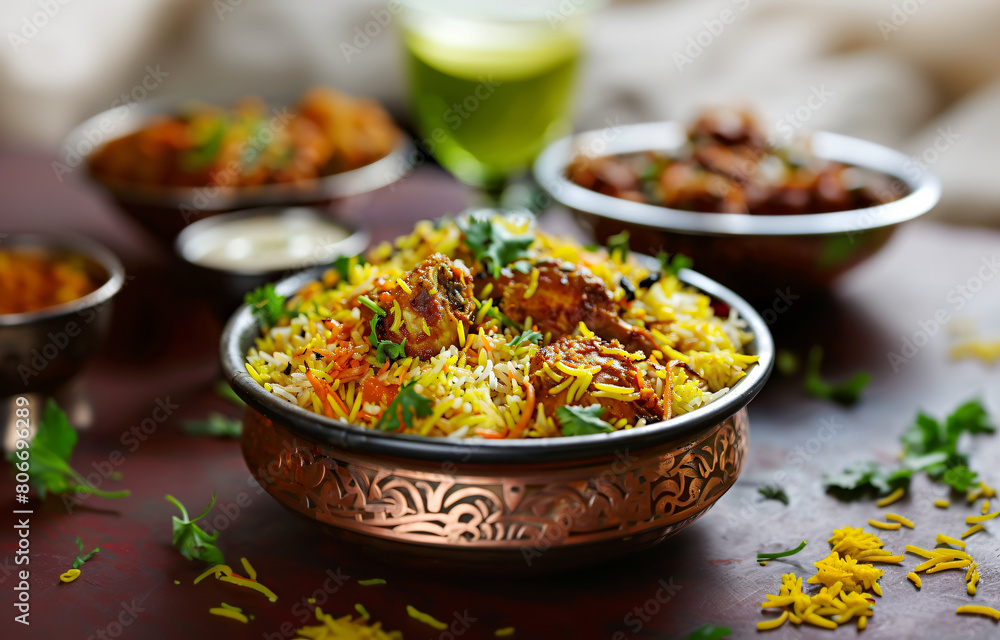 Traditional indian biryani with herbs in ornate bowl Traditional indian biryani with herbs in ornate bowl