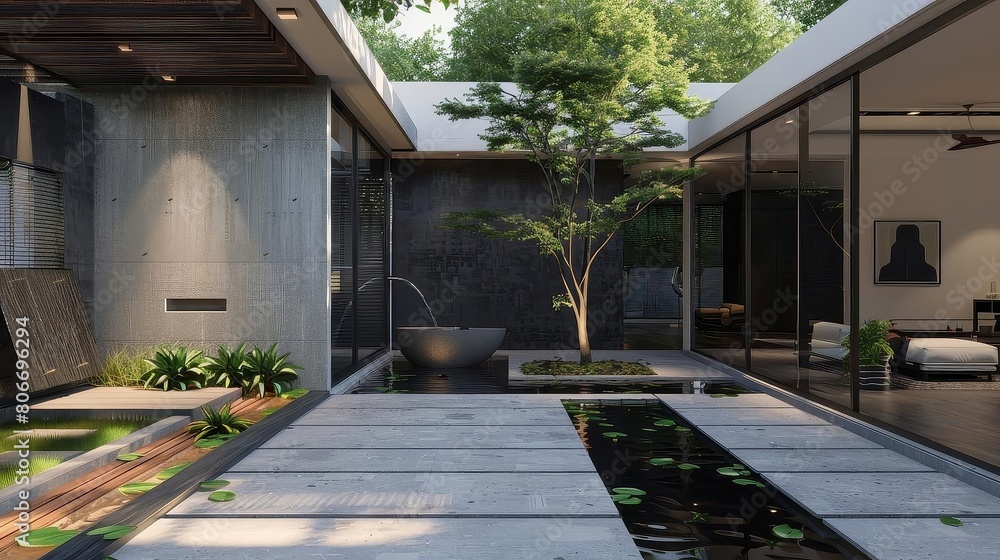 contemporary minimalist courtyard with water feature, surrounded by lush greenery and a small tree, featuring a white chair and gray wall contemporary minimalist courtyard with water feature, surrounded by lush greenery and a small tree, featuring a white chair and gray wall