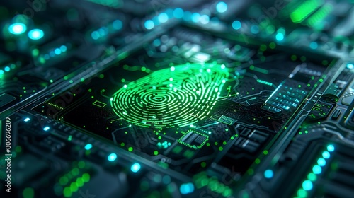 A digital fingerprint scanner glowing green as it authenticates a user's identity photo