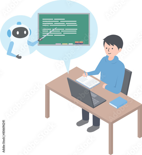 AIの先生に勉強を教えてもらっている男性