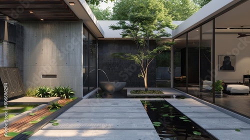 contemporary minimalist courtyard with water feature, surrounded by lush greenery and a small tree, featuring a white chair and gray wall