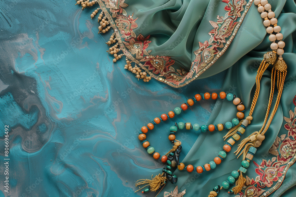 Detailed Beaded Jewelry and Textiles on Teal Artistic Background