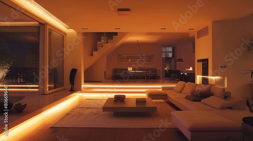 contemporary minimalist living room with smart lighting featuring a white couch  black chair  and brown rug on a wood floor the room is illuminated by a large glass window and features a white