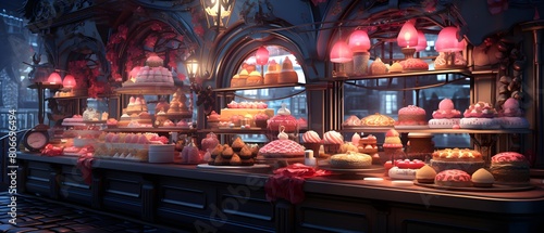 Bakery shop with a lot of cakes and pastries at night