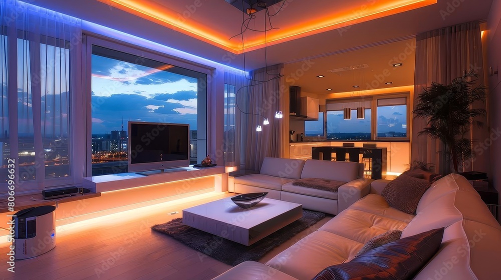 contemporary minimalist living room with smart lighting featuring a white couch, black bowl, and large television on a wood floor the room is illuminated by a large window and features a white and contemporary minimalist living room with smart lighting featuring a white couch, black bowl, and large television on a wood floor the room is illuminated by a large window and features a white and