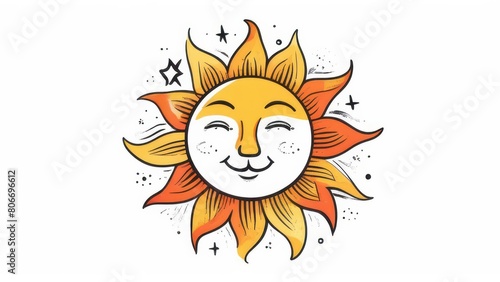 smiling sun surrounded by colorful splashes and dots. This lively depiction uses a light background to enhance the vibrant colors of the sun photo