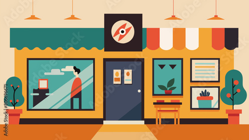 A trendy coffee shop doubles as a mini gallery with local artists showcasing their album cover artwork on the walls enticing visitors to buy the Vector illustration