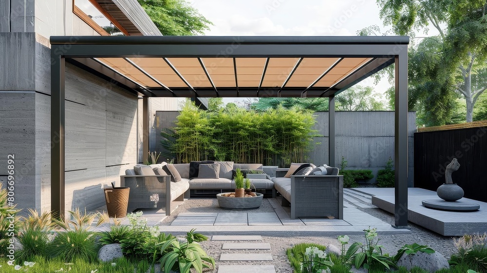 contemporary minimalist patio with pergola surrounded by lush greenery, featuring a white and gray pillow, a brown pot, and a tall green tree