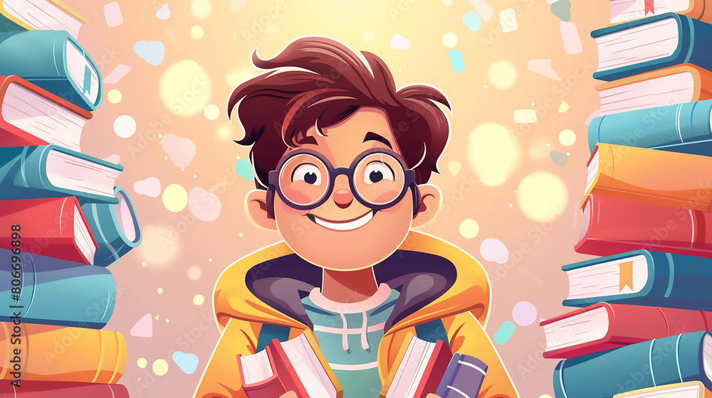smiling boy with many books. school learning concept illustration smiling boy with many books. school learning concept illustration